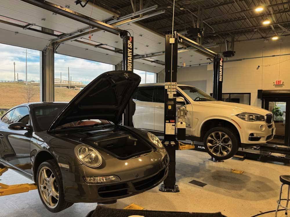 Cars on lifts in auto repair shop