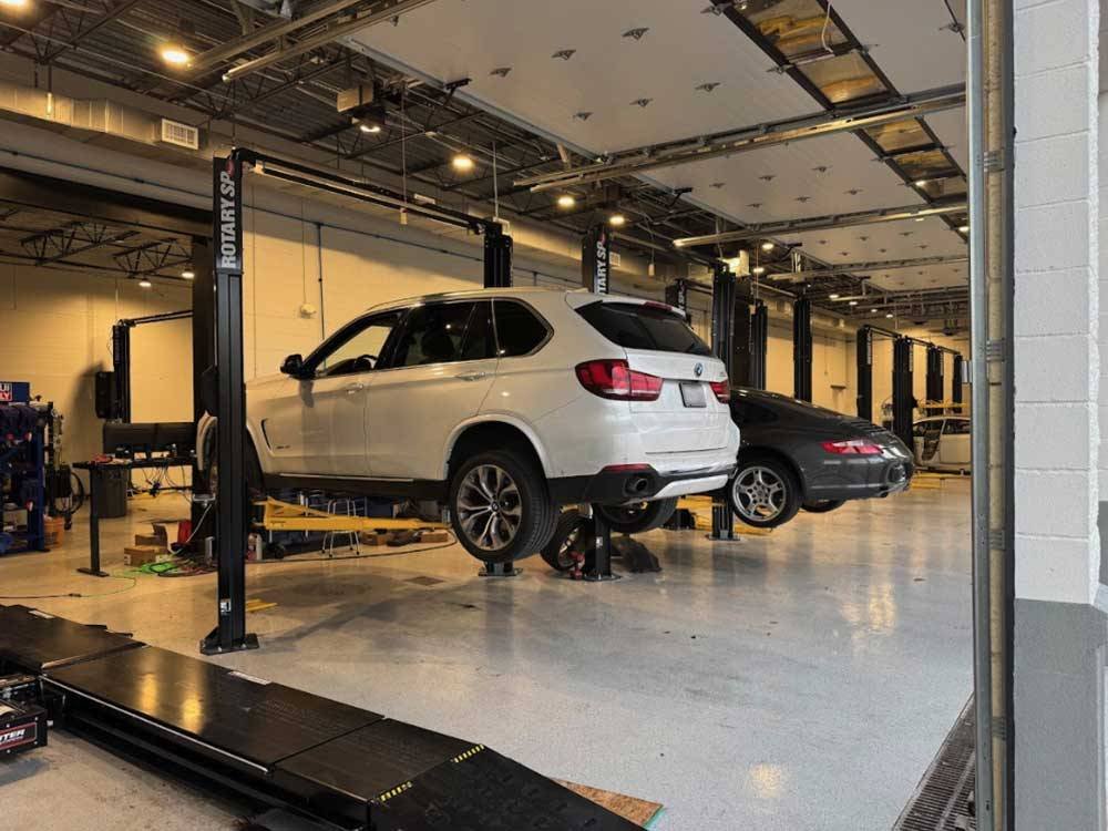 Cars on lifts in auto repair garage